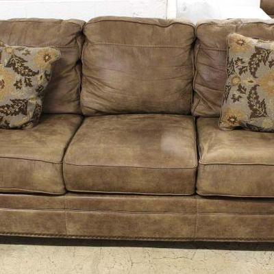  NEW Contemporary Natural Finish Leather Sleeper Sofa with Decorator Pillows and Tags â€“ auction estimate $300-$600 