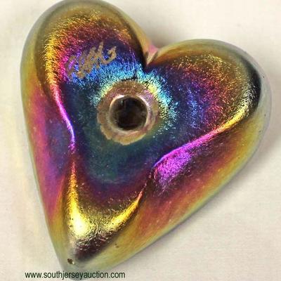 Art Glass Signed Heart Shape with Bird Paper Weight â€“ auction estimate $40-$100 