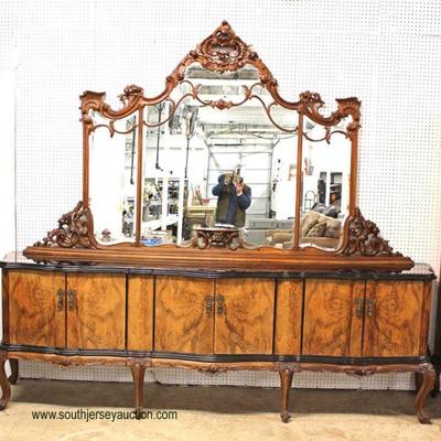  ANTIQUE Monumental Exotic Burl Walnut French Style Inlaid Glass Top Buffet with Mirror – auction estimate $400-$800 