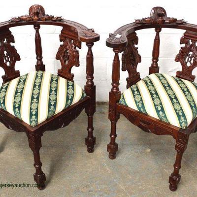 PAIR of SOLID Mahogany Antique Style Carved Corner Chairs – auction estimate $100-$300