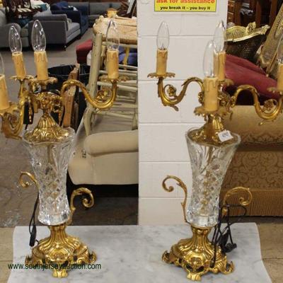  PAIR of Leaded Crystal and Bronze 5 Arm Candelabra Lamps – auction estimate $500-$1000 