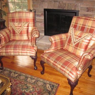 Pair Tufted Silk Wing Chairs