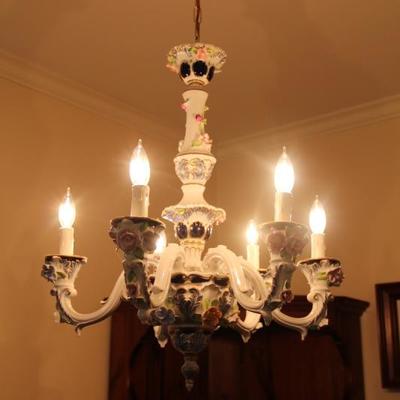 #607  Vintage Capodimonte Porcelain 5 arm Chandelier  25"T x 22 1/2"W--45"T from ceiling to bottom, brilliant colors, no...