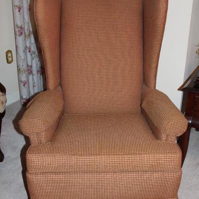 #504  Tweed uphostered high wingback chair
seat 20"D x 19"W - to top of back 29"
total outside 31"W x 31"D x...