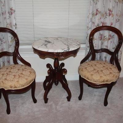 #501  Pair of Antique Victorian balloon back chairs with clean upholstered seat
some sun damage on back of one
seat 19"D x 19"W...