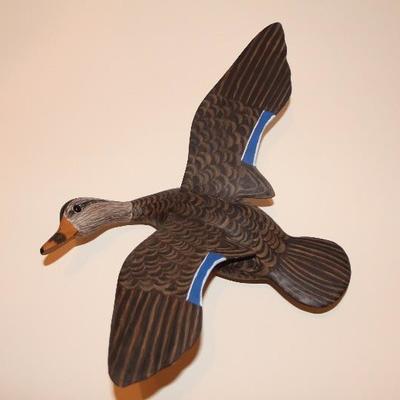 #316  Handpainted Mallard Hen Duck 2002 in Flight (hangs on wall) and signed by Herb Daisey Jr from Chincoteague, VA 
head to tail 13