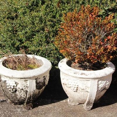 #406  Pair Concrete Grecian Urns "grapevine"
15 1/2" R x 12"T
PRICE:  $60