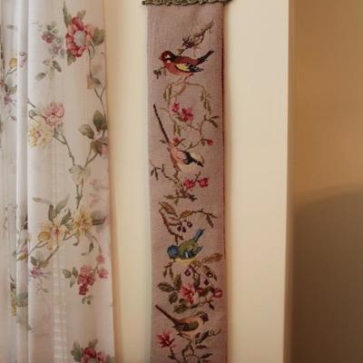 #513  Embroidered birds bell pull -brass ends, lined

PRICE:  $16