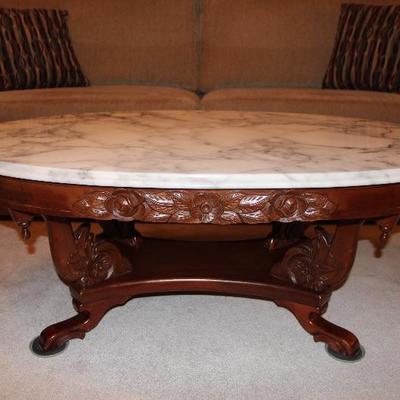 #510  Victorian Walnut Oval Coffee Table with Italian Marbletop-no chips, cracks
46"L x 28"W x 17 1/2"T
PRICE: $120