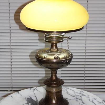 #503  Lantern Style Lamp with yellow/gold glass shade
22"T  11"W-globe
PRICE:  $20