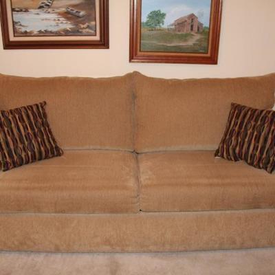 #508  Queen Sleeper sofa -tan- with 2 throw pillows - back pillows are removable
clean condition, no rips or tears
total measurements...
