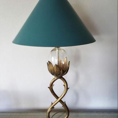 One of pair of brass and glass lamps