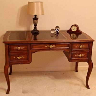 French Provencal style writing desk by Sligh, Michigan - mahogany with leather top, 4 drawers