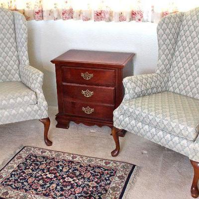 pair of wing back chairs by Broyhill, 2 drawer small chest, small rug