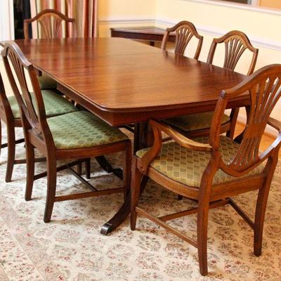 Duncan Phyfe-style dining table, Federal-style shield back chairs with upholstered seats - 1 arm chair & 5 side chairs, large area rug
