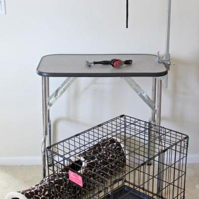 pet supplies - grooming table, crate, tunnel, cat & dog beds, grooming tools, food/water bowls, small carrier