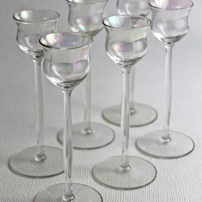 long-stemmed, iridescent glass cordials