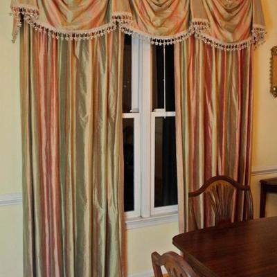 custom-made draperies and window treatments, including these silk drapes with valance