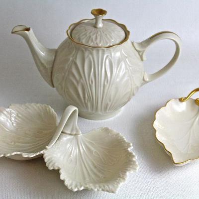 Lenox teapot, twin leaf dish, single leaf dish