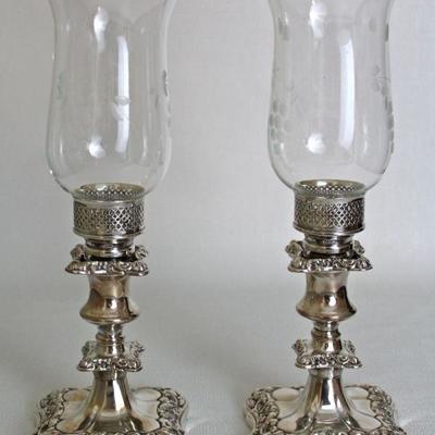 fancy plated candlesticks with etched glass shades