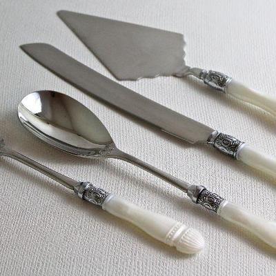 faux mother-of-pearl serving pieces - salad set, cake knife & server