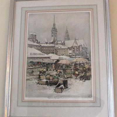 double plate etching of a German market scene, signed in pencil