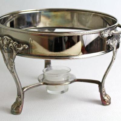 collection of silver plate serving items, including Gorham warmer (with Pyrex lidded bowl insert), trays, candle sticks, and bowls
