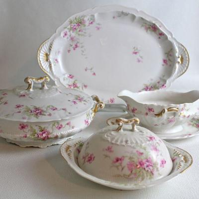 Theodore Haviland china - pink flower sprays with small blue accents - 49 pieces in very good condition, includes 2 lidded serving pieces...