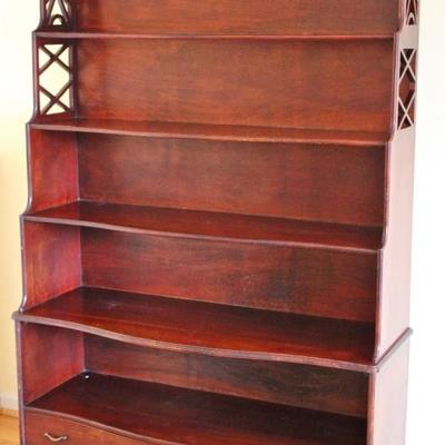 custom made bookshelf - 5 shelves, 2 drawers, reticulated design in upper side panels