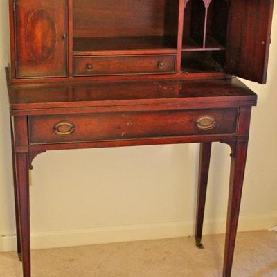 dainty antique Colonial Revival desk with fold down writing surface, storage compartments, inlaid designs