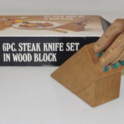 NIB! 6 Piece Steak Knife Set in Wood Block