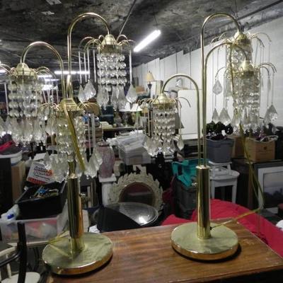 Vintage Brass Lamps With Hanging Crystals.