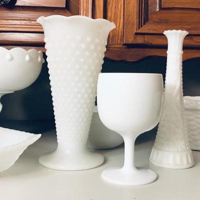 Several pieces, large and small, vintage milk glass items