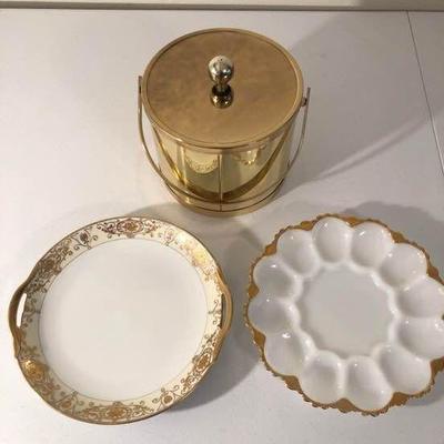 Gold Ice Bucket and Two Serving Plates