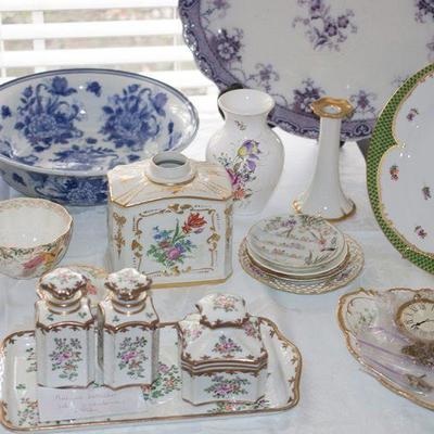 Fine antique china, dressing sets, and platters.