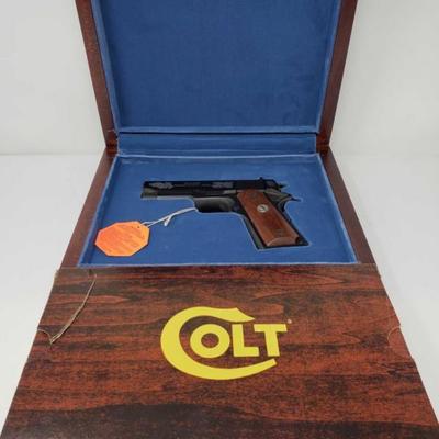#172: Colt Officer's Commencement Issue MKIV ACP Series 80 with Wooden Display Case
Serial Number: FA00985 Barrel Length: 3.5