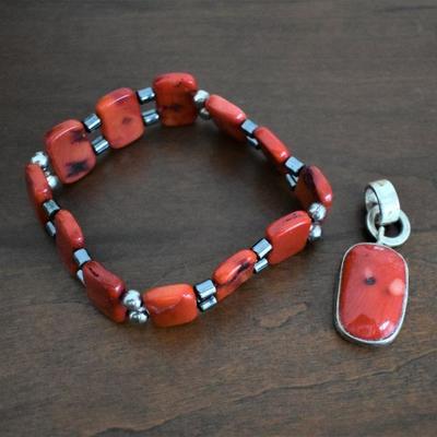 Sterling Silver and Red Coral Pendant...with bracelet.