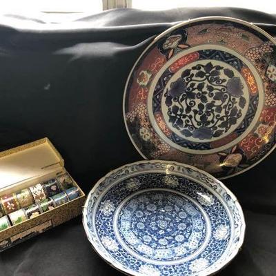 Cloisonne Napkin Rings and Decorative Asian Plates
