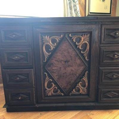 Vintage wood sewing table with matching chair
