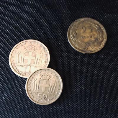 1954 Greece 1 Drachma @ $7
1954 Greece 50 Lepta @ $7
1956 Turkey 25 Kurus @ $1