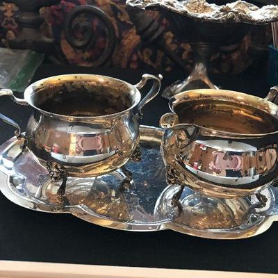 Sterling by Poole "Georgina". Sugar, creamer and tray. $400