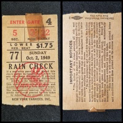 Level Seat Ticket. Estate sale price: $75  
1949 game number 77 gave the Yankees a one game lead over the Boston Red Sox, to eventually...