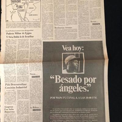 October 8, 1973. El Mundo newspaper. Advertisement about a documentary about Roberto Clement "Kissed by angels.". $75