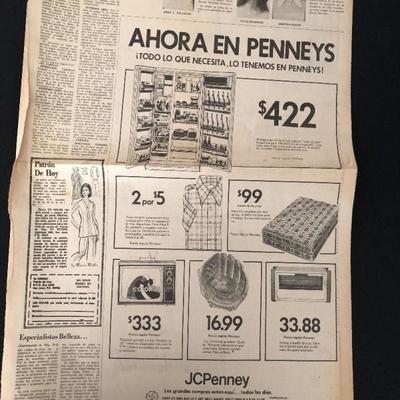 March 23, 1973. Ad in El Mundo newspaper by JCPenneys selling "Roberto Clemente" baseball gloves. $75