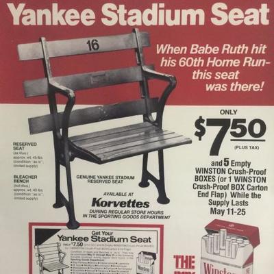 1973 Korvettes Advertisement "Get Your Yankee Stadium Seat" Original Condition. 20" x 16". Estate sale price: $295