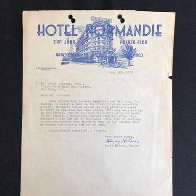 Original letter by Umprie, Harry Holmes to the President of the Puerto Rico Baseball League, explaining why he ran player Montalvo out of...