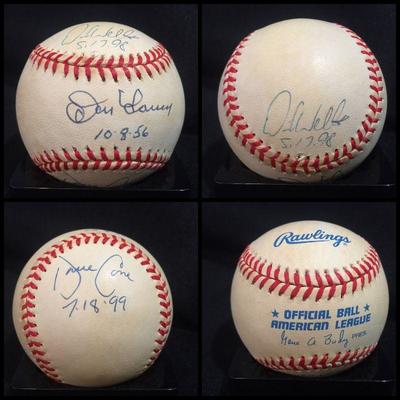 New Yankees Perfect Games 1956,1998,1999 (Pitchers: Larsen, Wells, Cone). Signed baseball. JSA COA. Estate sale price: $750
