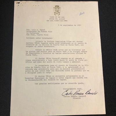 1969 letter from former San Juan Mayor Carlos Romero Barcelo (later Governor) to incumbent Pueerto Rico Governor Luis A. Ferre. $200