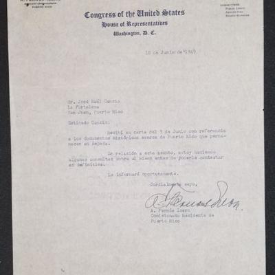 1949 Signed Letter from Antonio Fernos Insern who was the Puerto Rico Resident Commissioner from the House of Representatives, Congress...