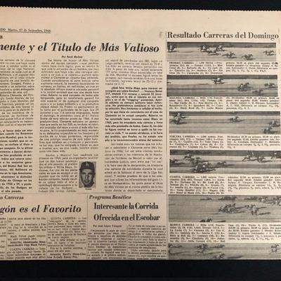 September 27, 1966. El Mundo newspaper. Clemente and the "most valuable" title. $75